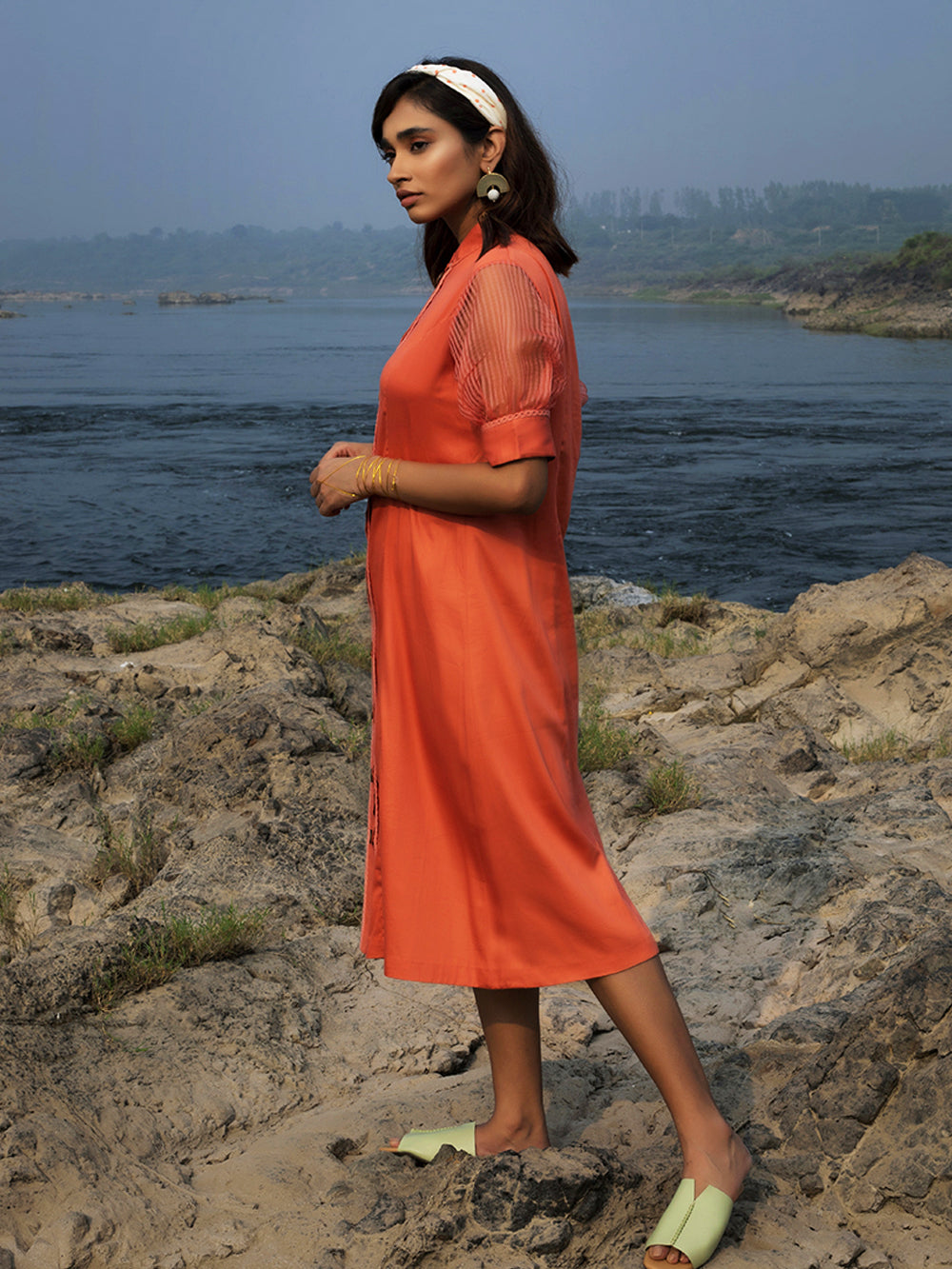 Peach Cotton Silk Shirt Dress