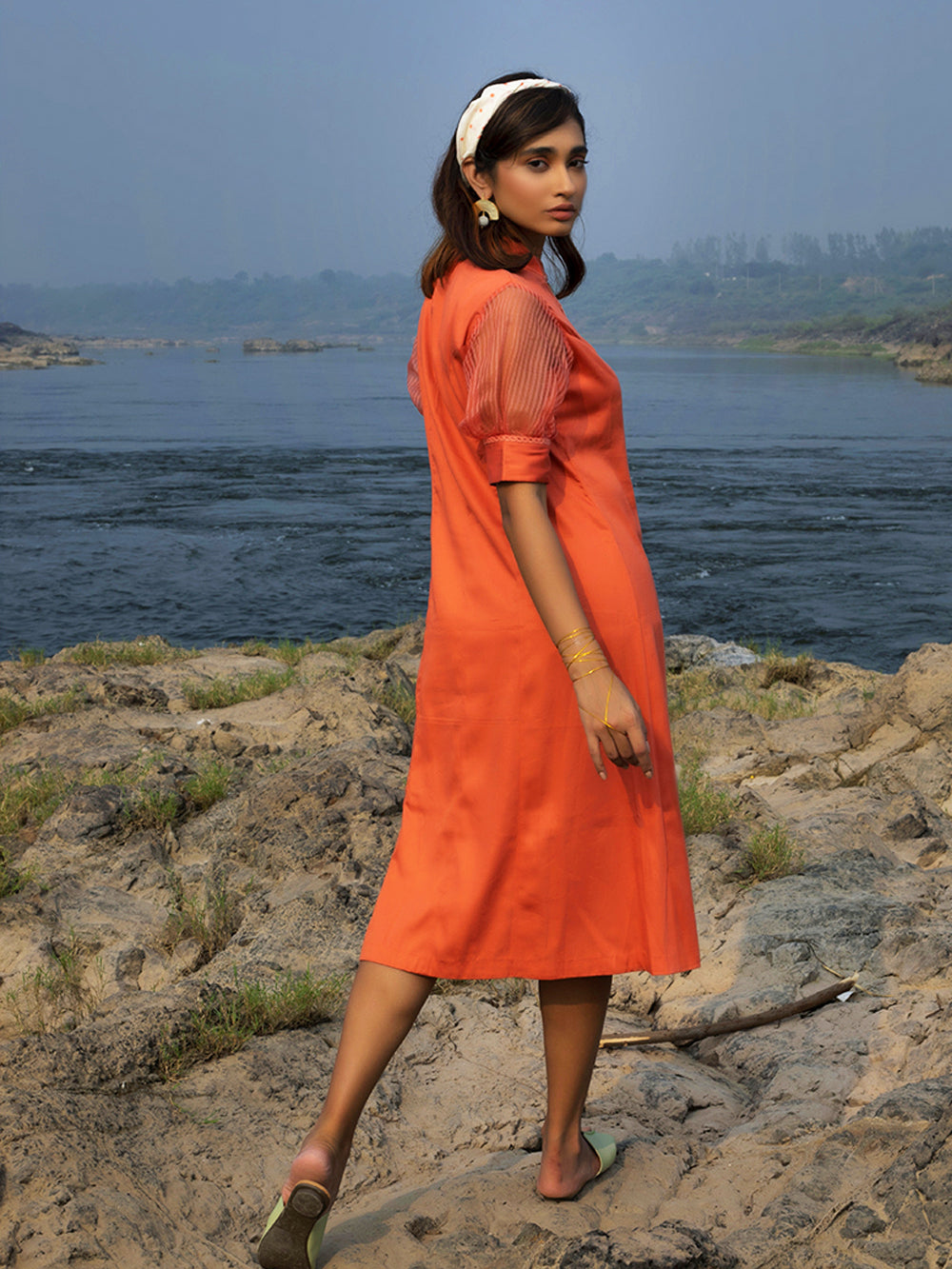 Peach Cotton Silk Shirt Dress