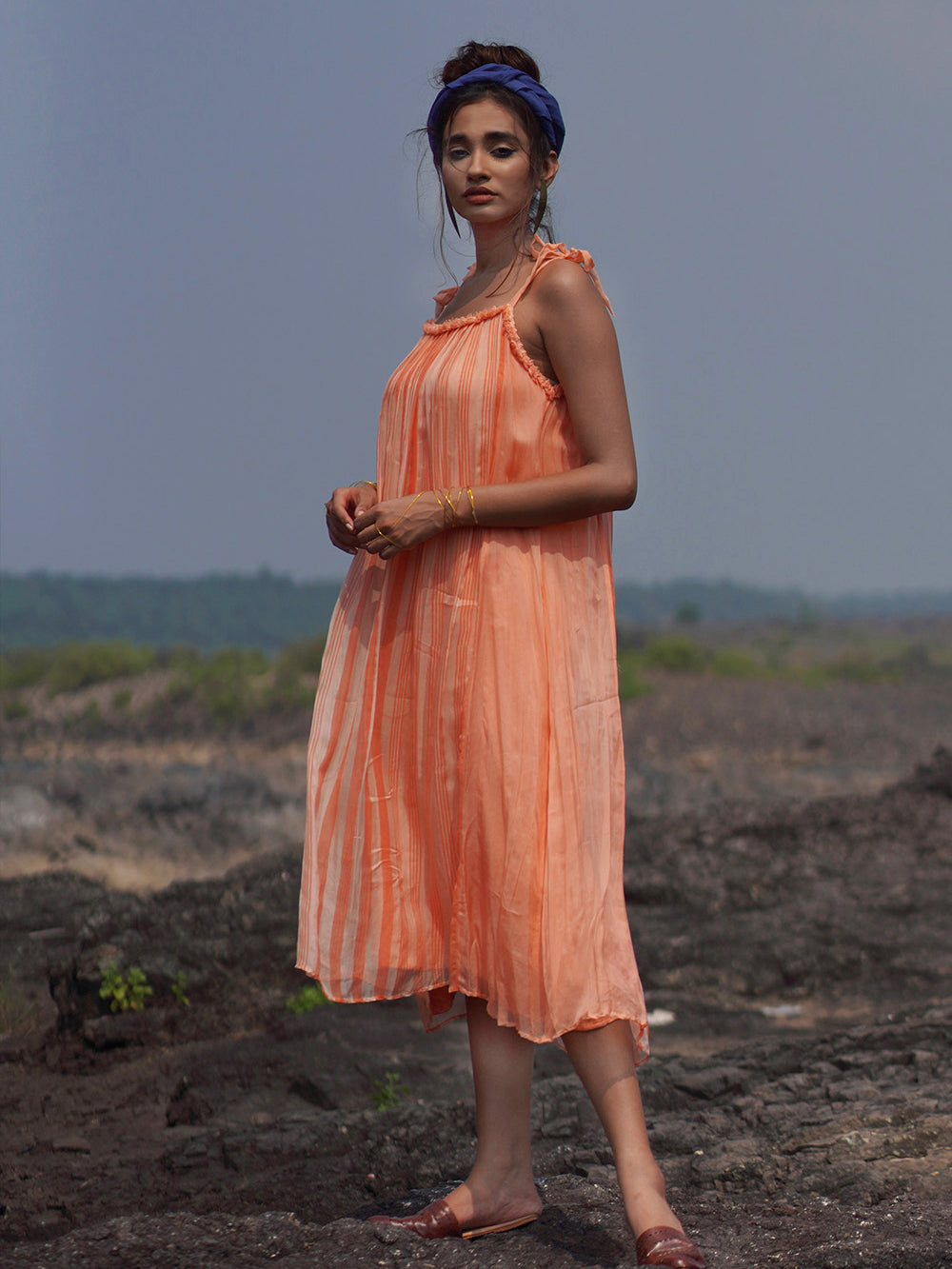 Peach Organza Strap Dress