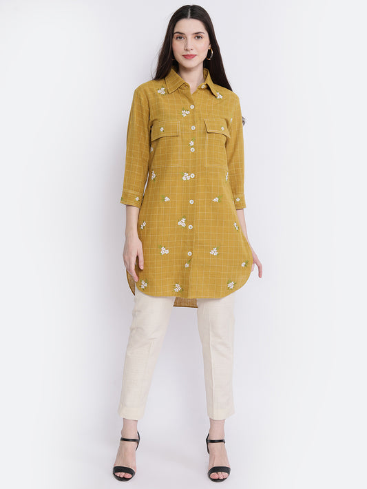 Mustard & white Embroidered cotton Shirt Dress