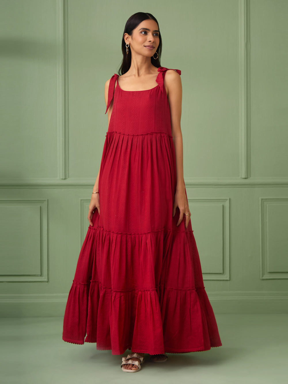 Red Breezy Tiered Cotton Maxi Dress