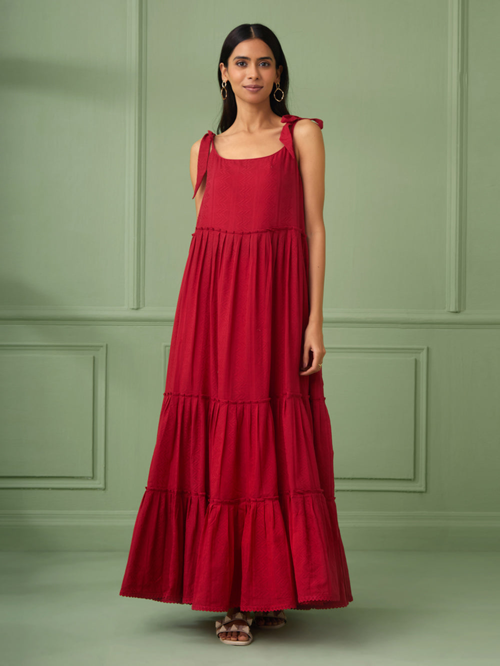 Red Breezy Tiered Cotton Maxi Dress