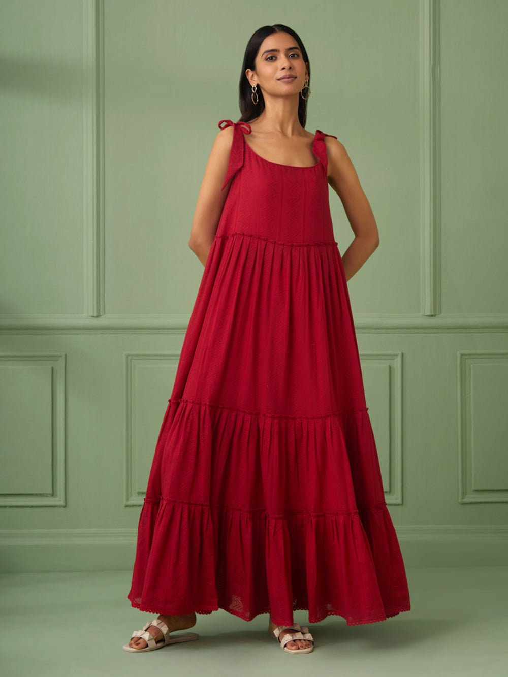 Red Breezy Tiered Cotton Maxi Dress