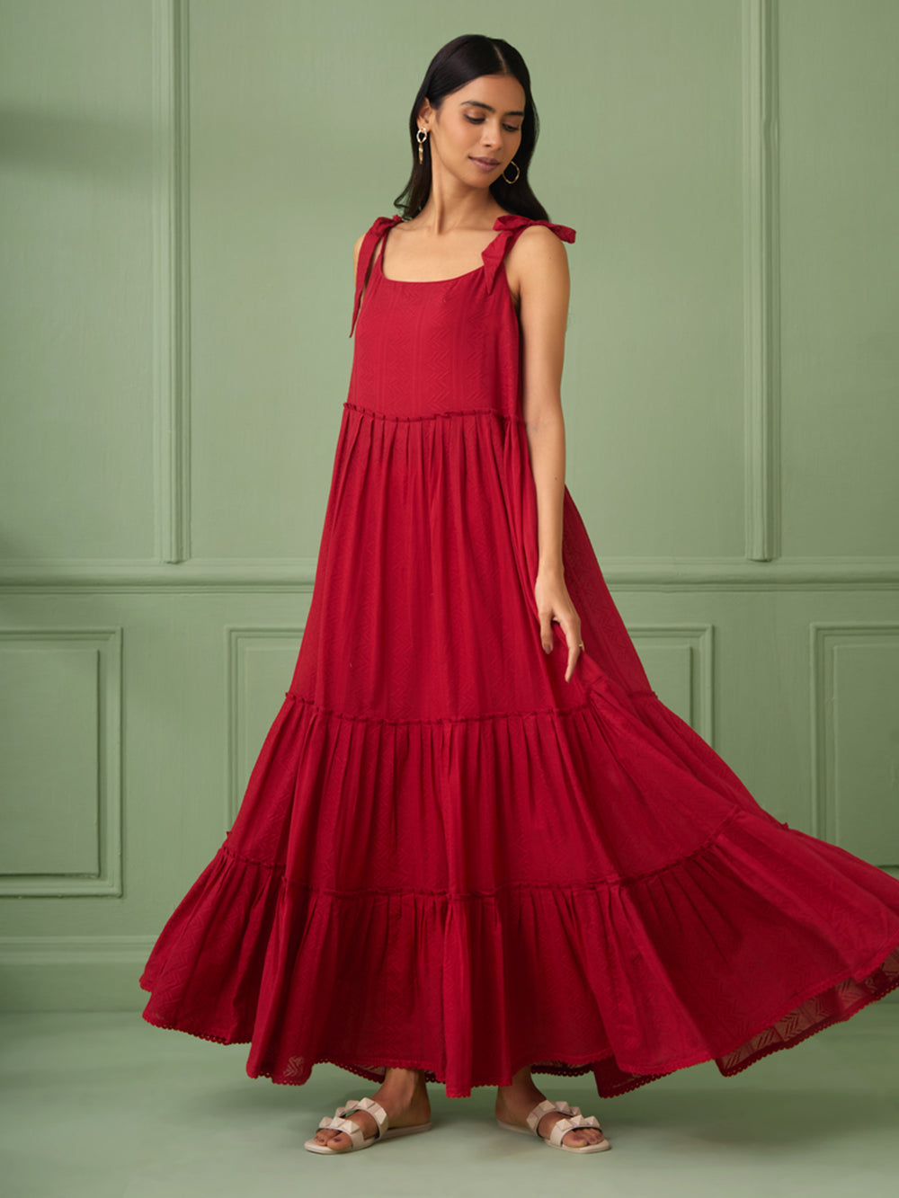 Red Breezy Tiered Cotton Maxi Dress