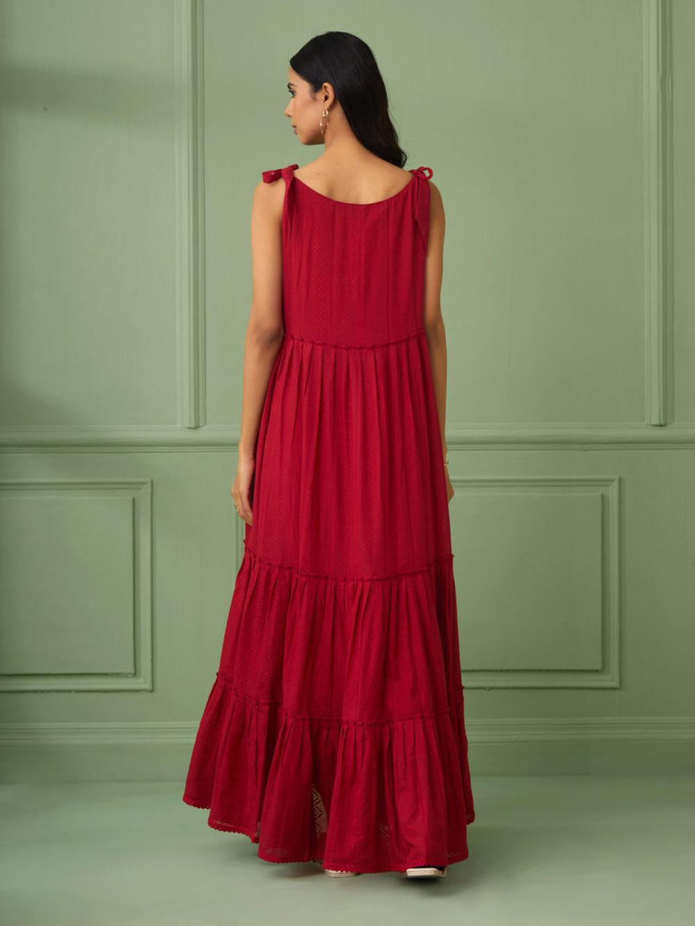 Red Breezy Tiered Cotton Maxi Dress