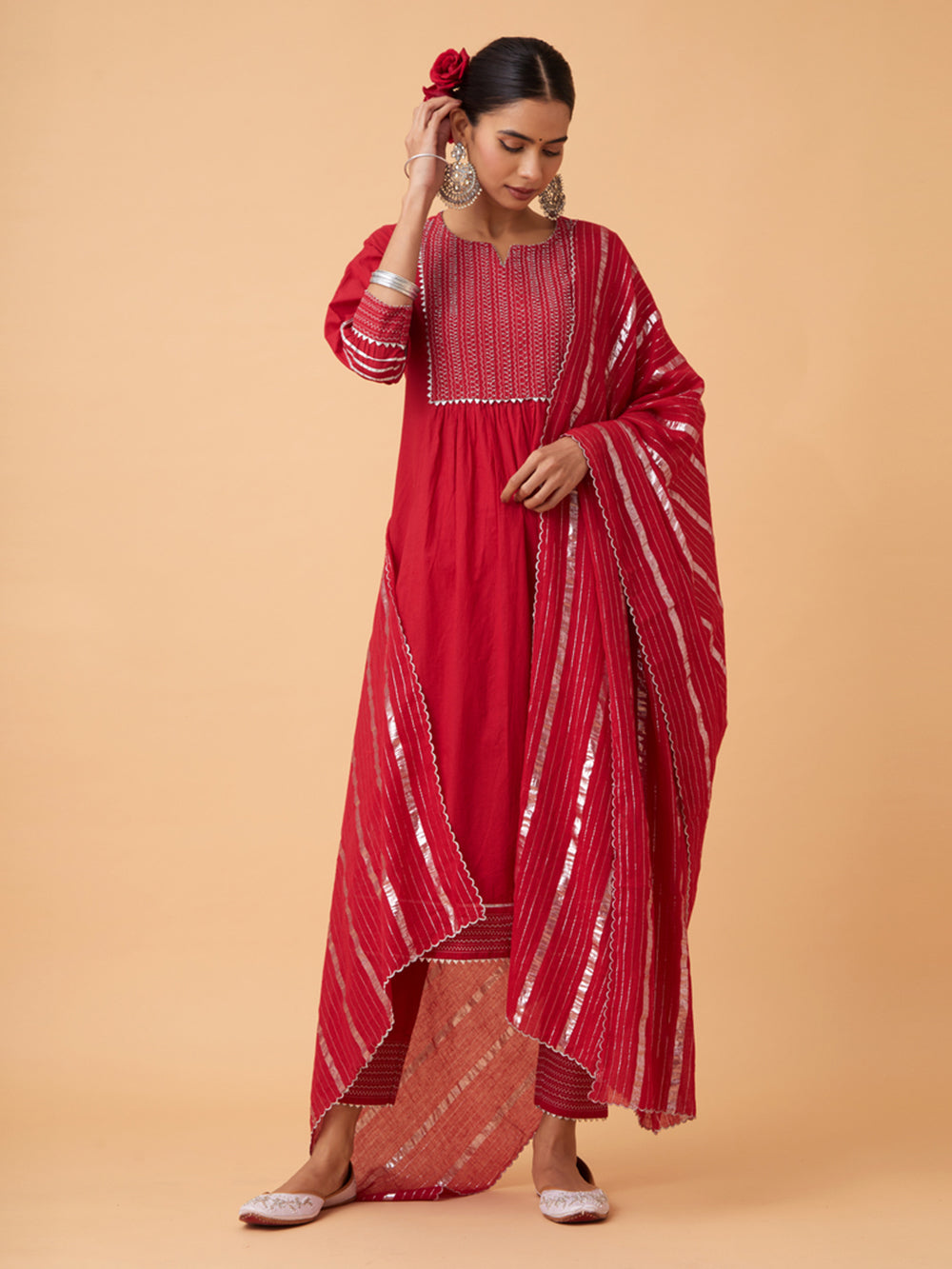 Red Cotton Kurta with Pants and Dupatta Set of 3