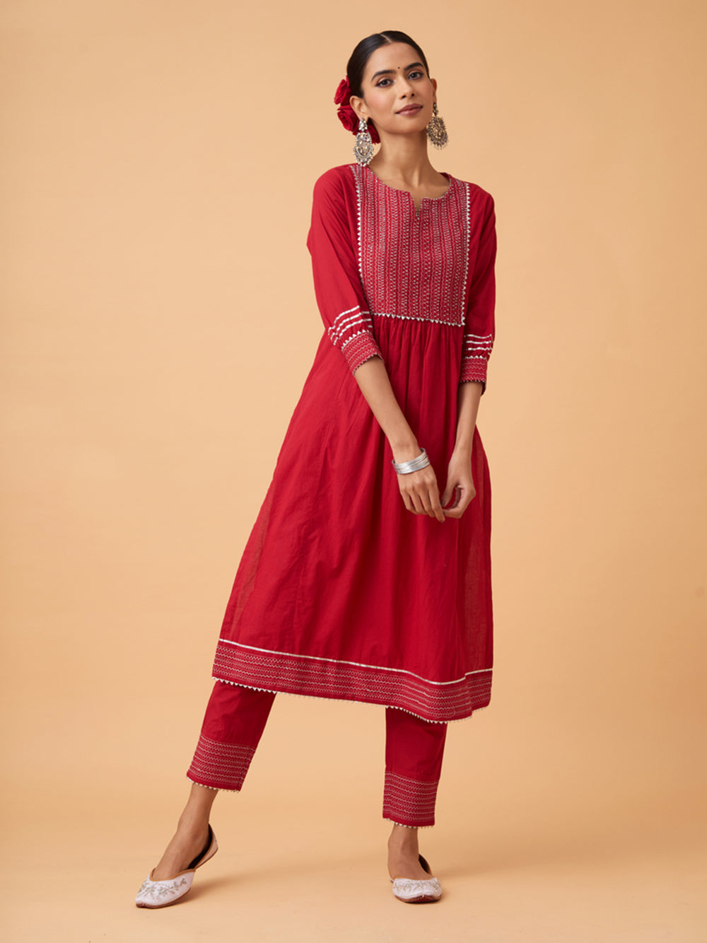 Red Cotton Kurta with Pants and Dupatta Set of 3