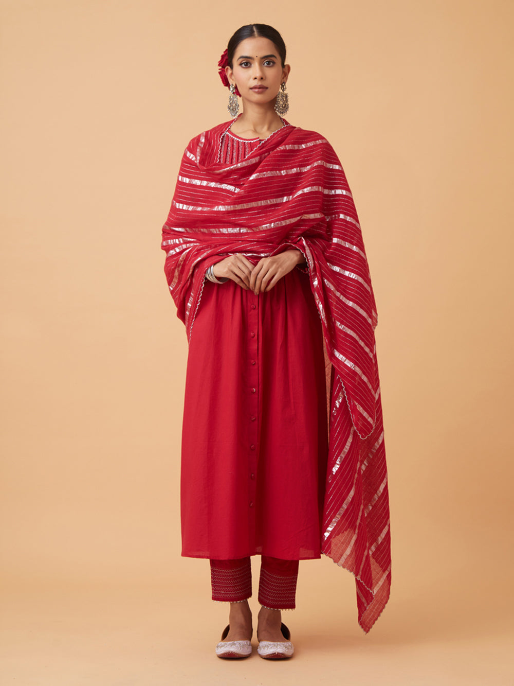 Red Cotton Kurta with Pants and Dupatta Set of 3