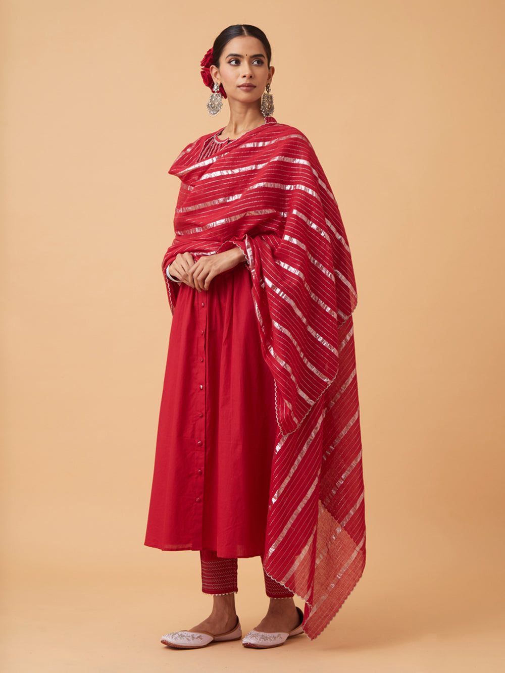 Red Cotton Kurta with Pants and Dupatta Set of 3