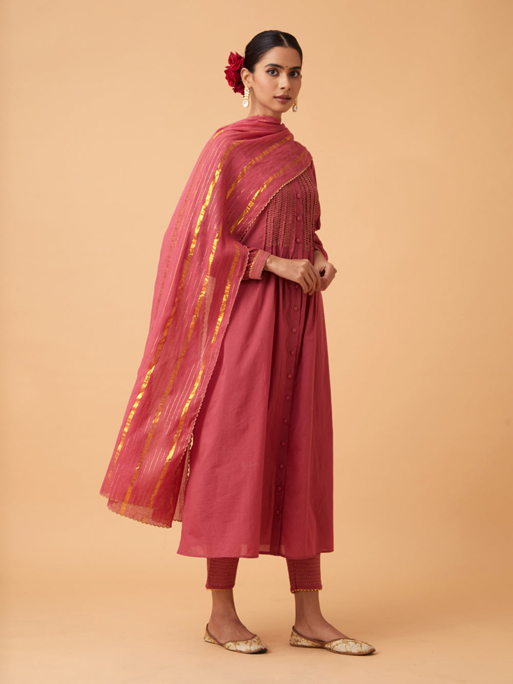 Red Cotton Kurta with Pants and Dupatta Set of 3