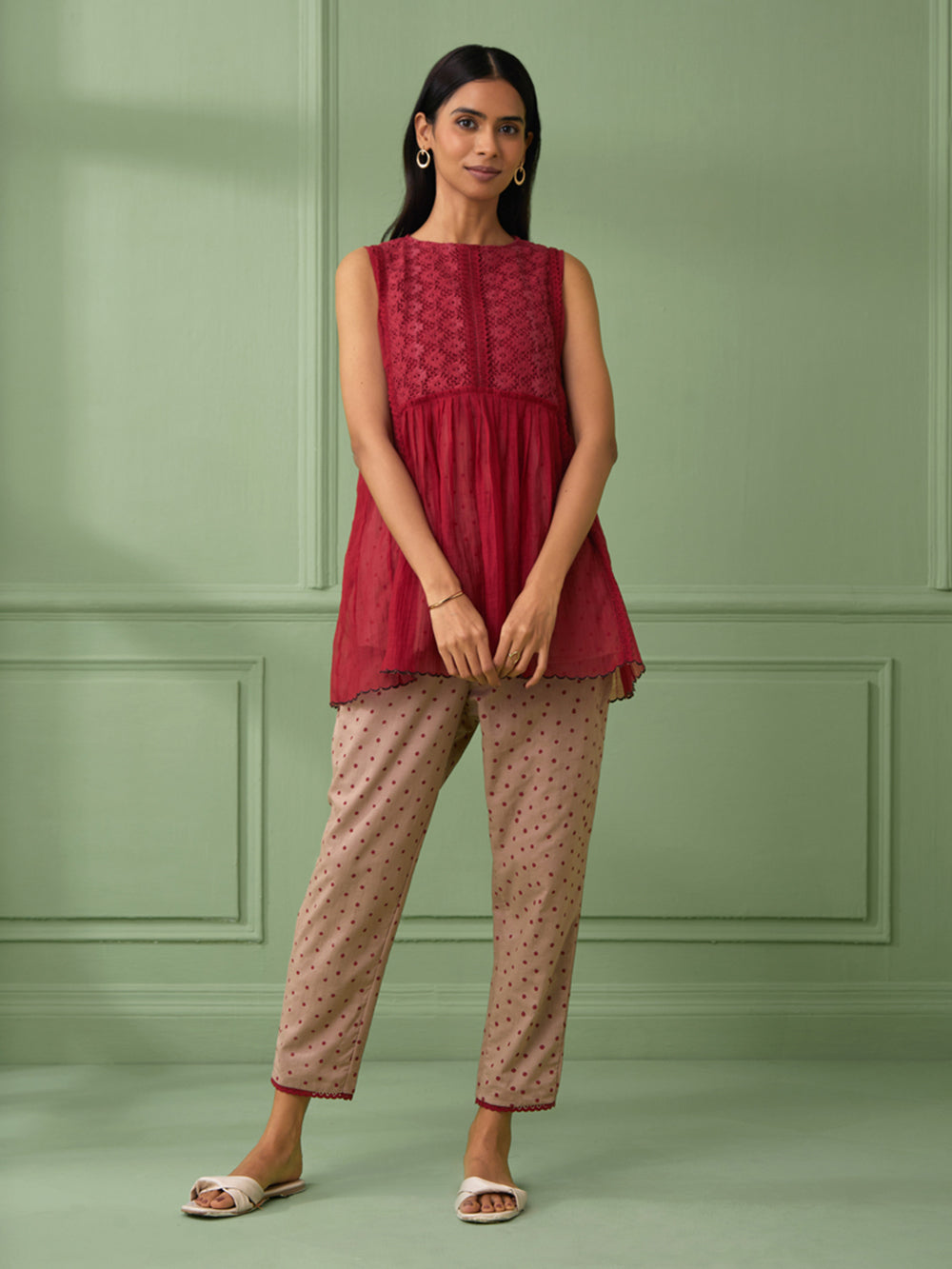 Red Cotton Shirt with Pants Set