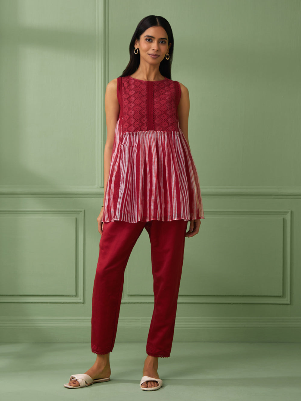 Red Cotton Shirt with Pants Set