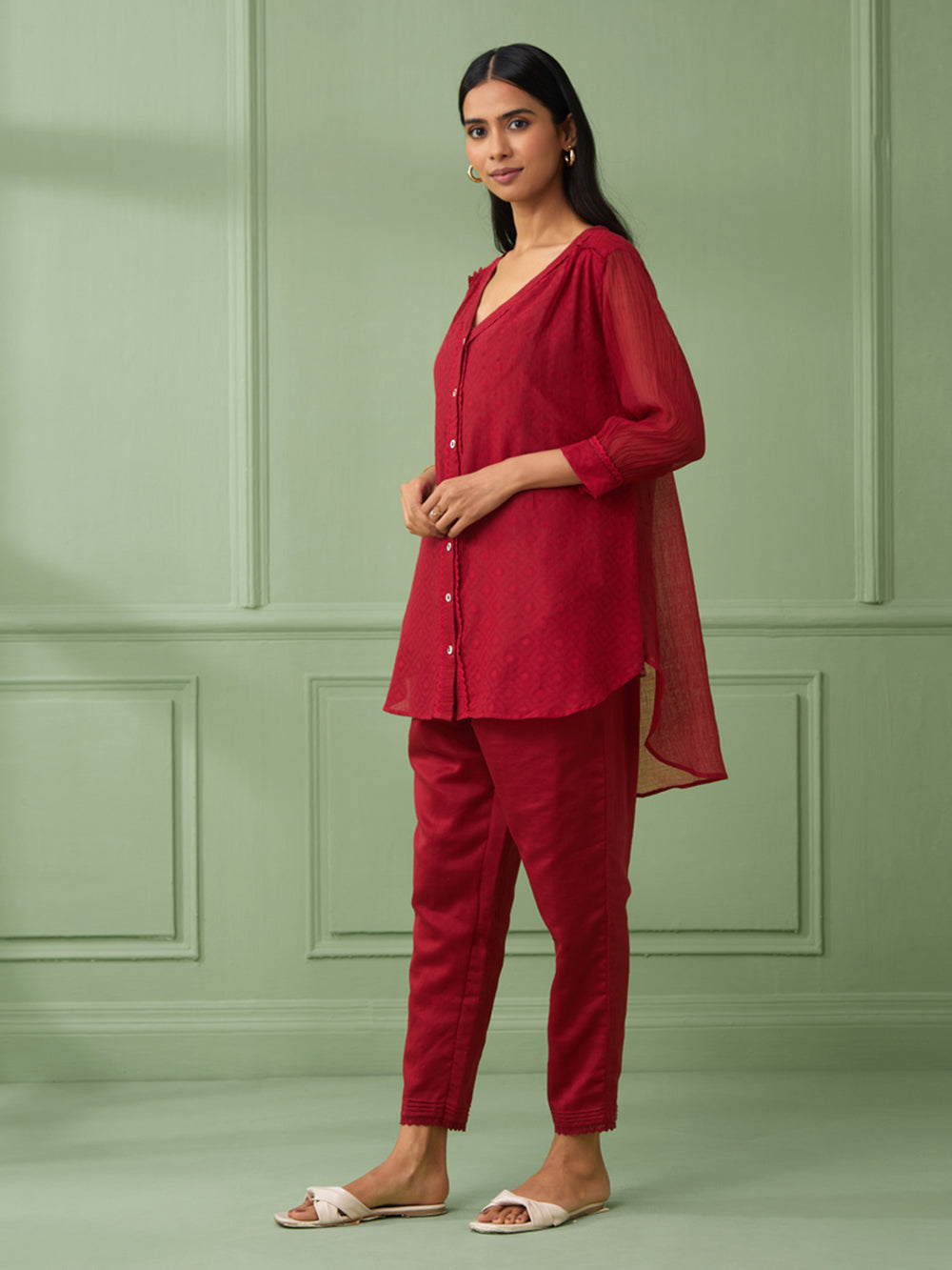 Red Cotton Shirt with Pants Set