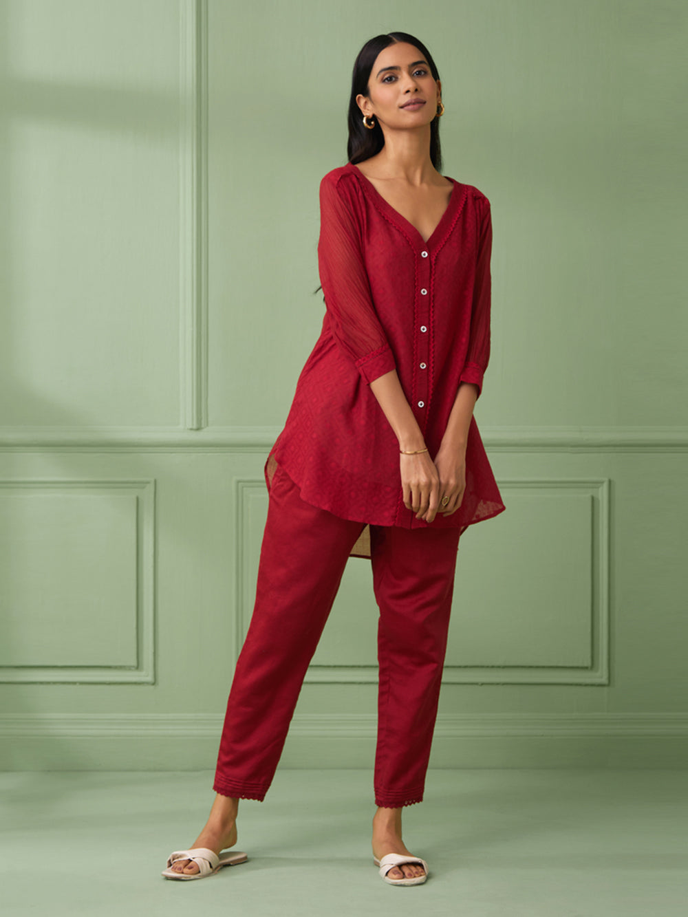 Red Cotton Shirt with Pants Set