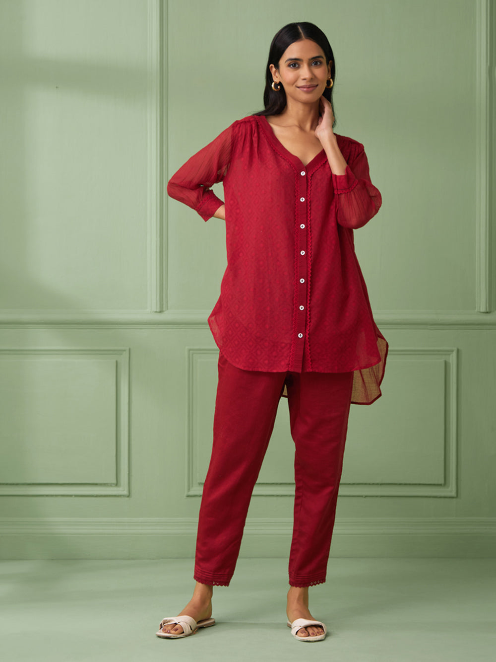 Red Cotton Shirt with Pants Set