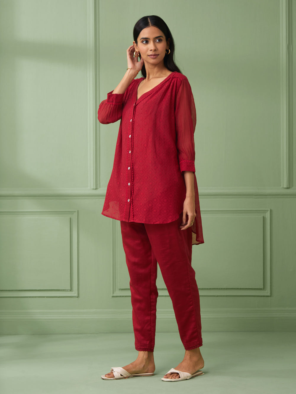 Red Cotton Shirt with Pants Set