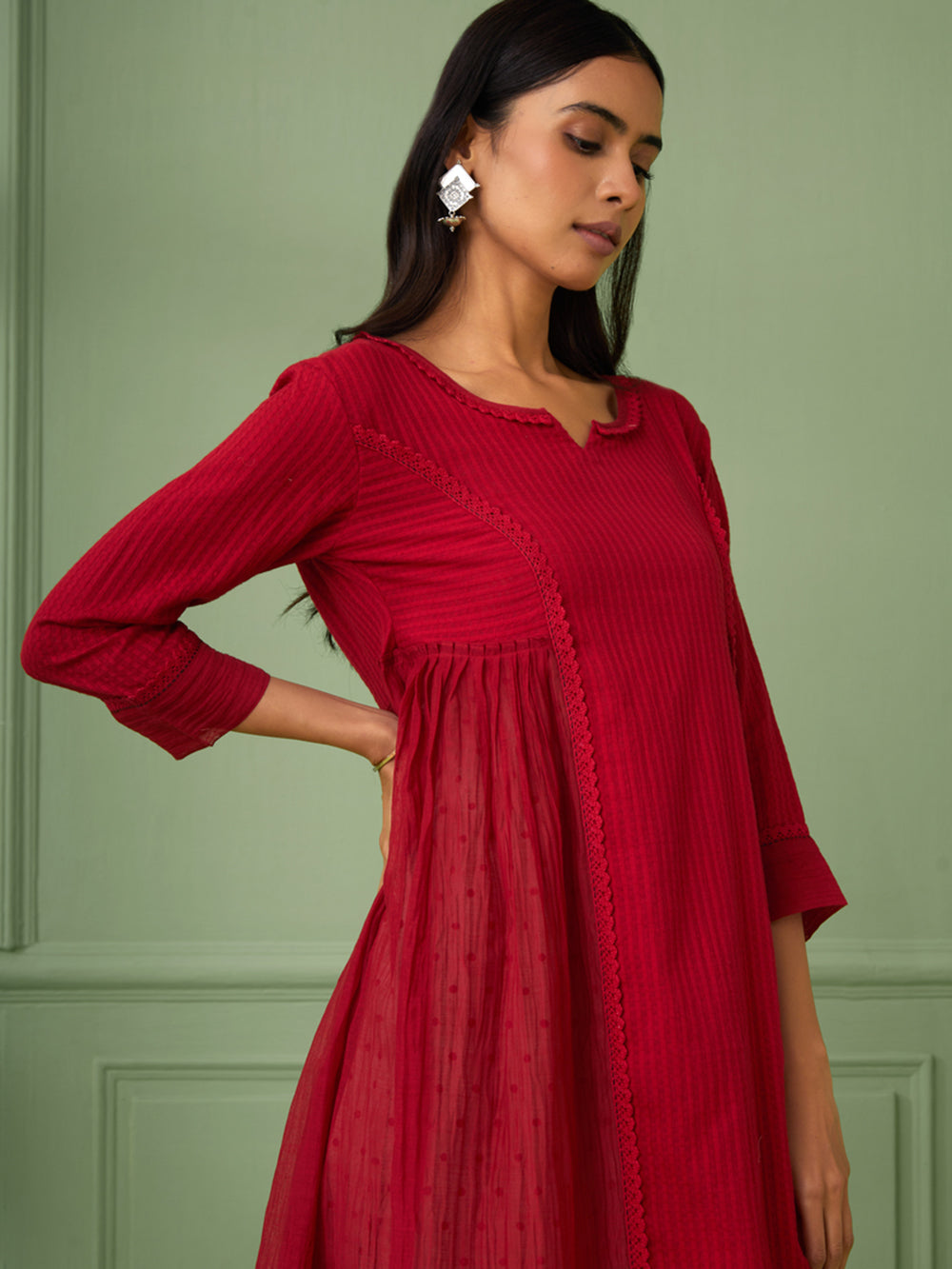 Red Cotton Silk Gathered dress