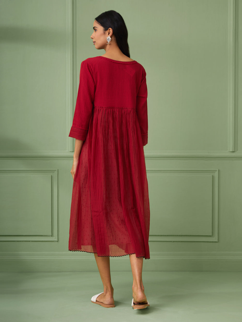 Red Cotton Silk Gathered dress