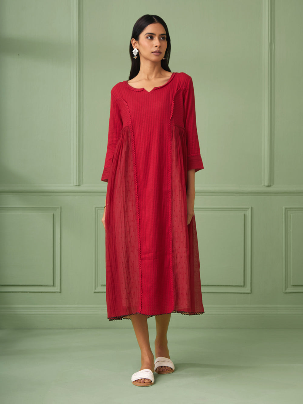 Red Cotton Silk Gathered dress