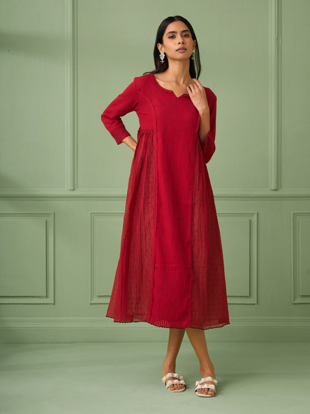 Red Cotton Silk Gathered dress