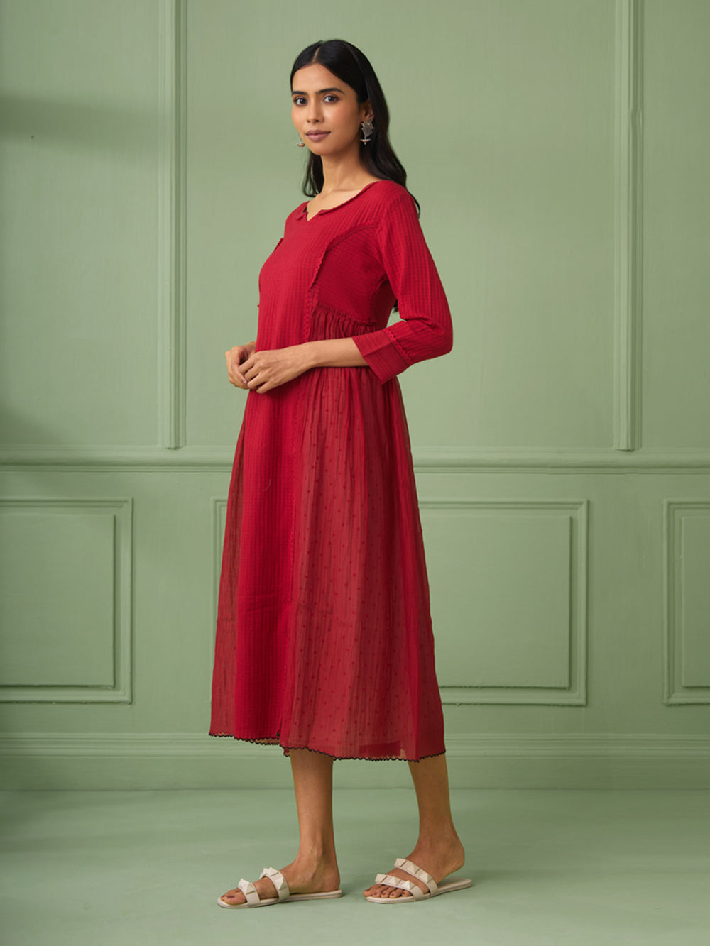 Red Cotton Silk Gathered dress