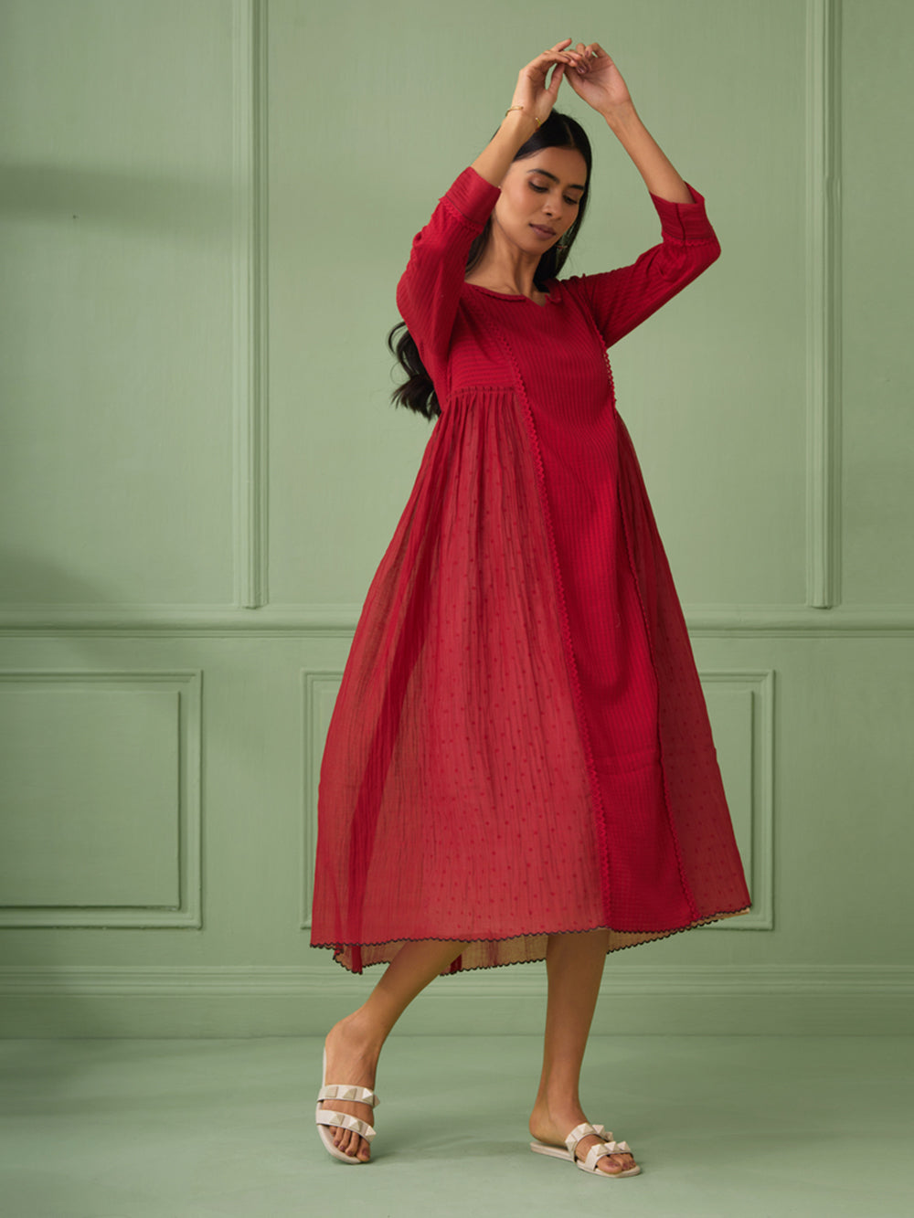 Red Cotton Silk Gathered dress