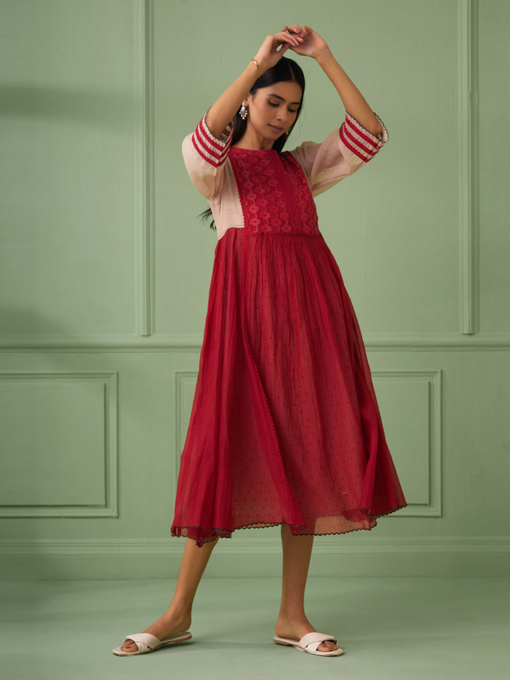 Red Cotton Silk Maxi Dress