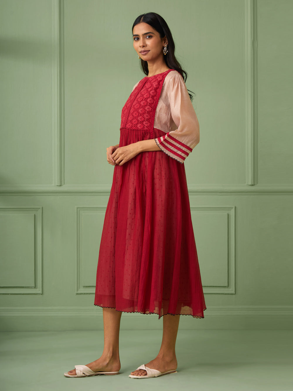 Red Cotton Silk Maxi Dress