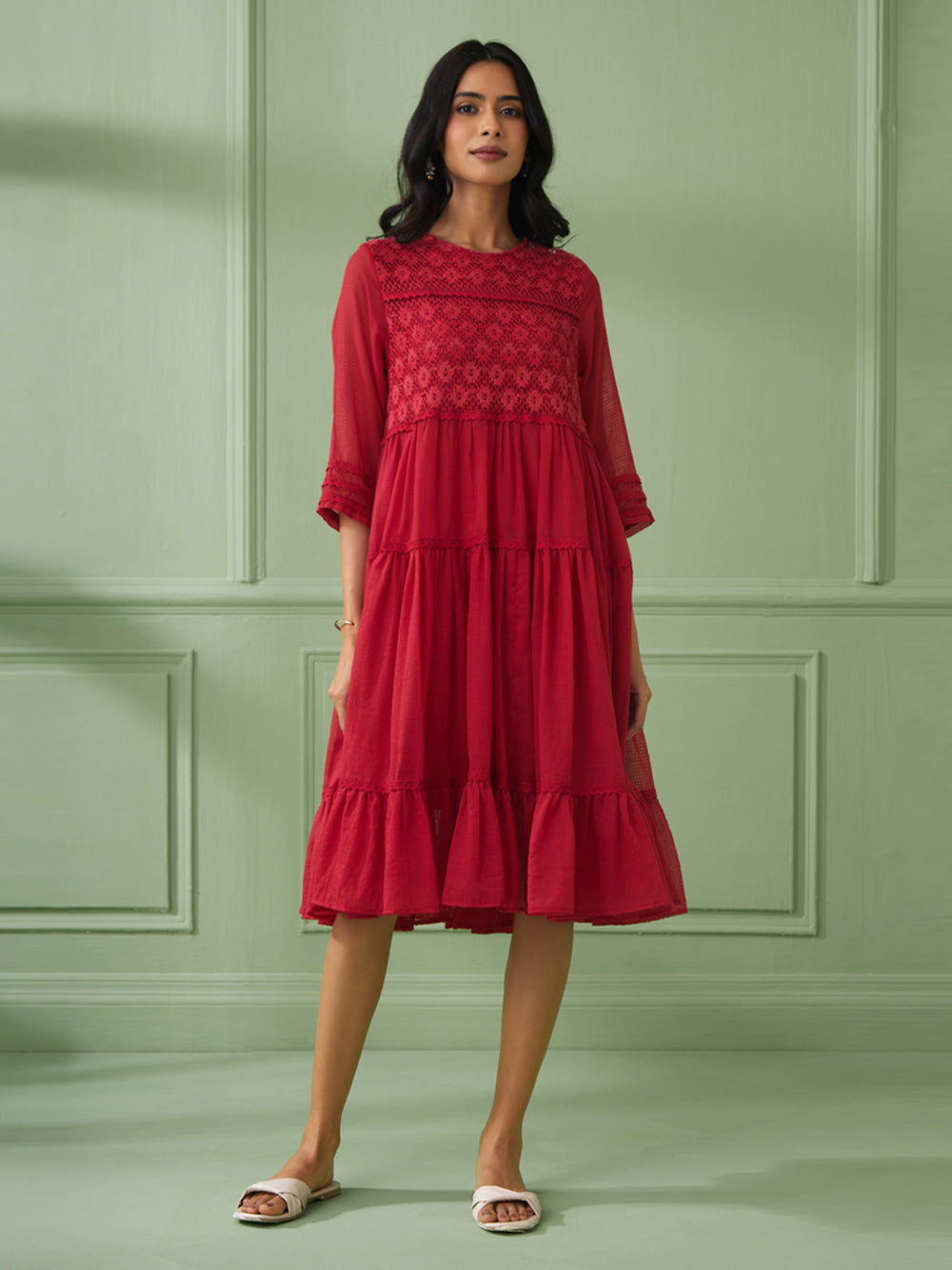 Red Cotton Tiered Dress