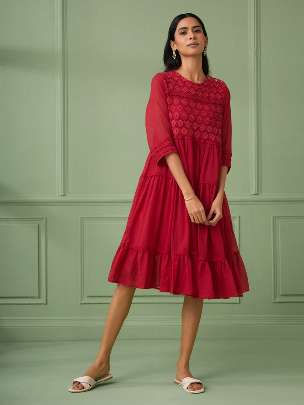 Red Cotton Tiered Dress