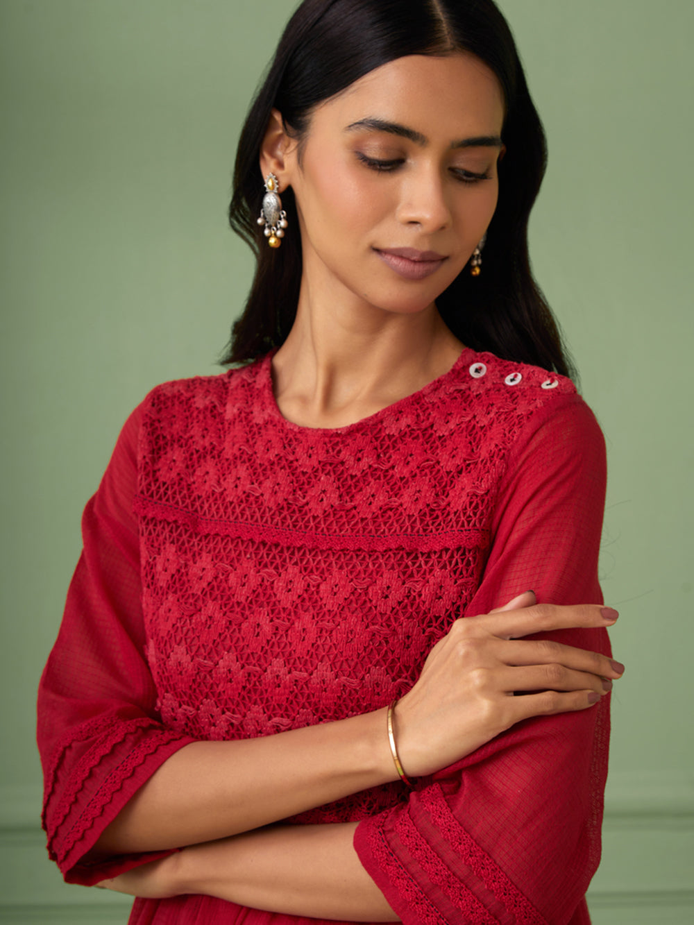 Red Cotton Tiered Dress