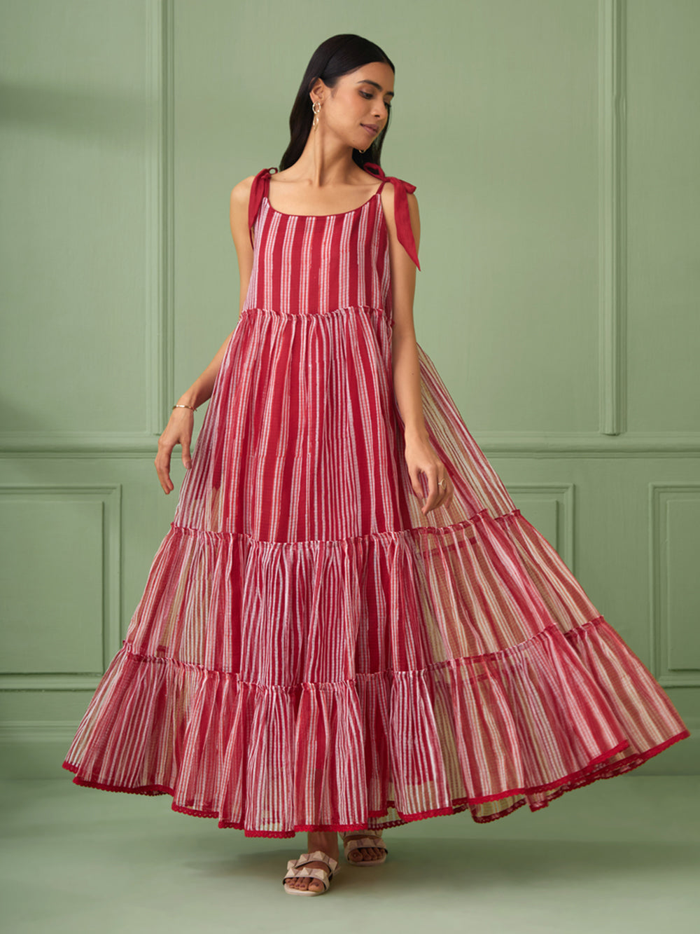 Red Stripe Breezy Tiered Cotton Maxi Dress