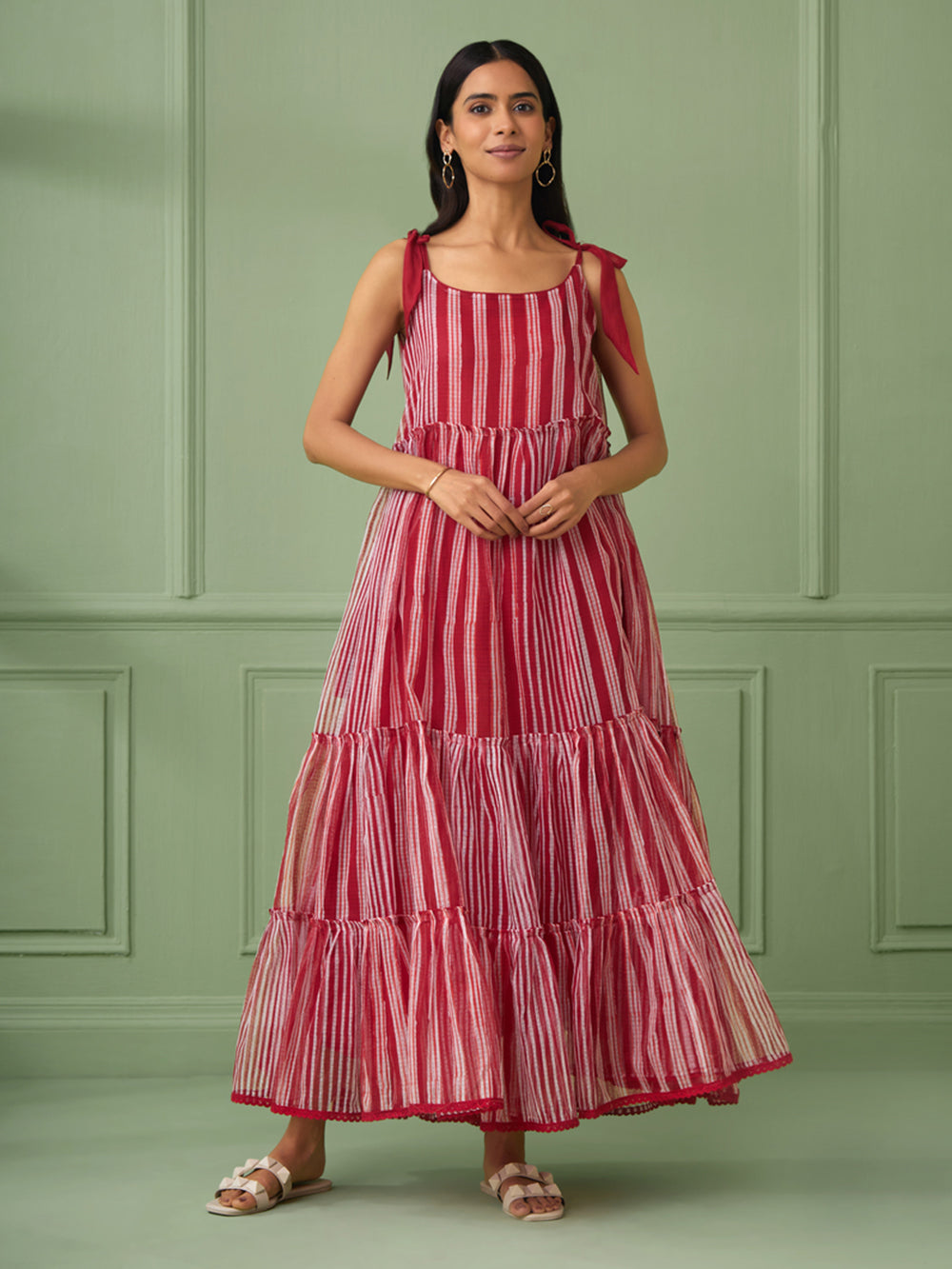 Red Stripe Breezy Tiered Cotton Maxi Dress