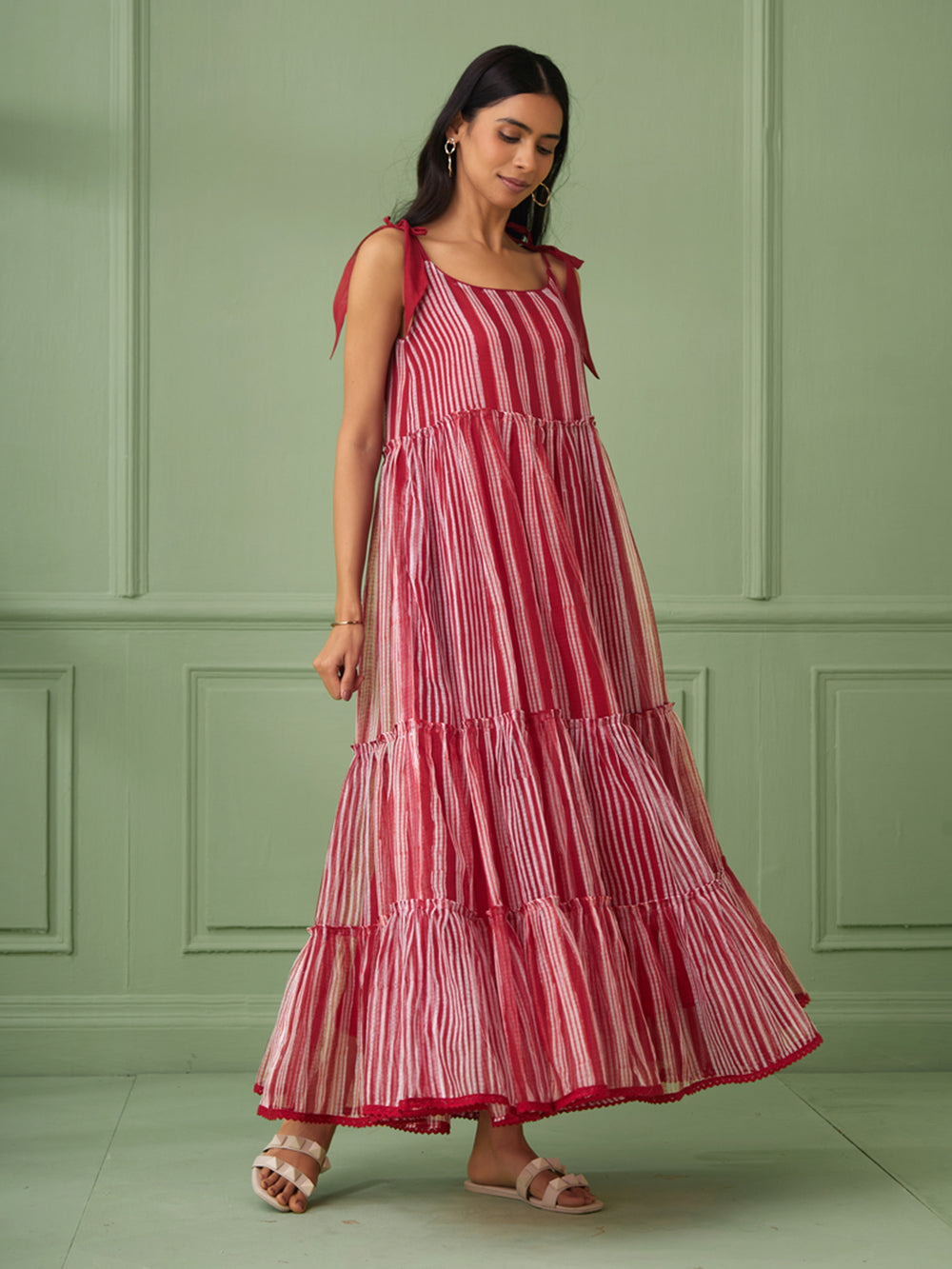 Red Stripe Breezy Tiered Cotton Maxi Dress