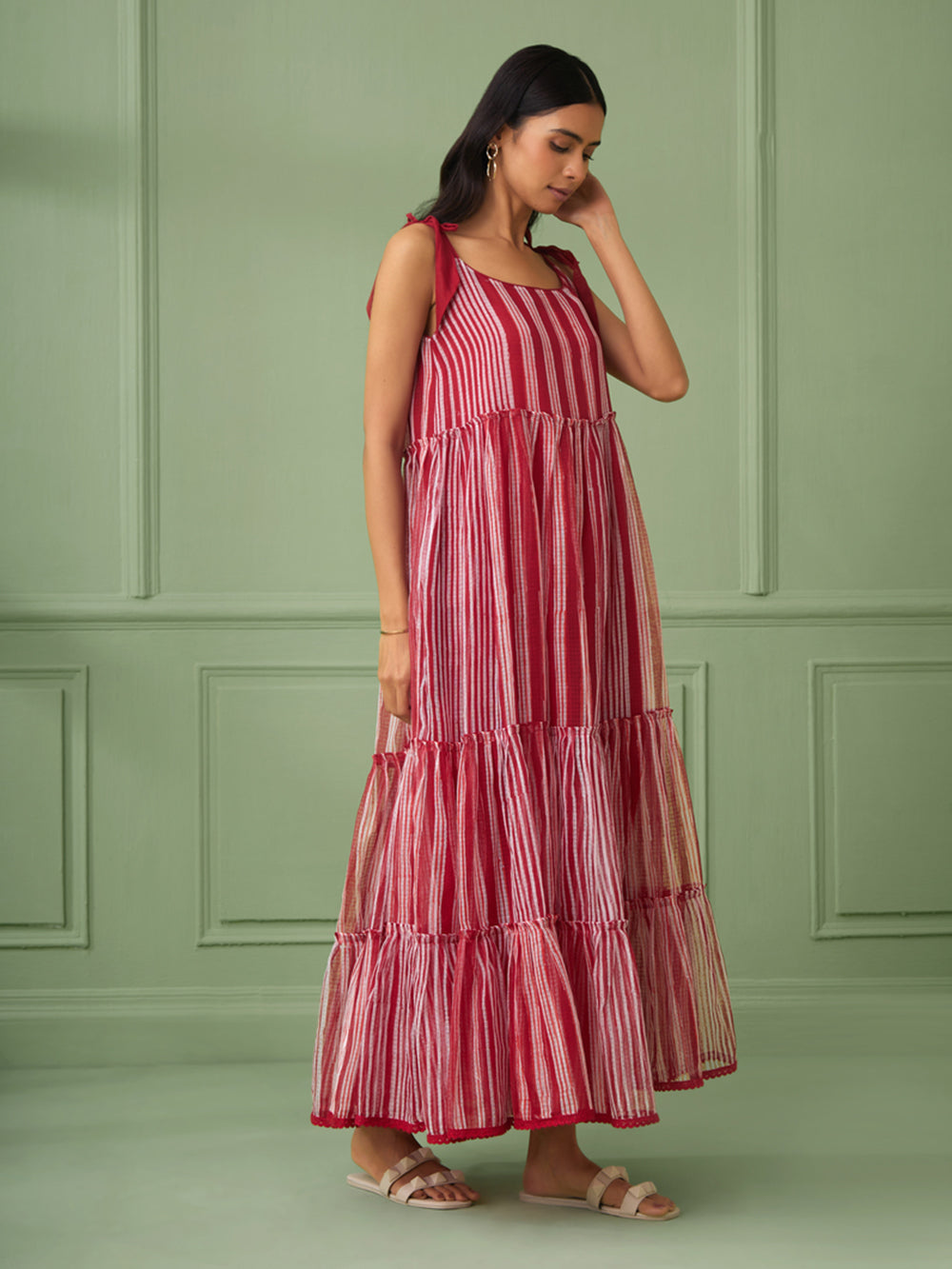 Red Stripe Breezy Tiered Cotton Maxi Dress