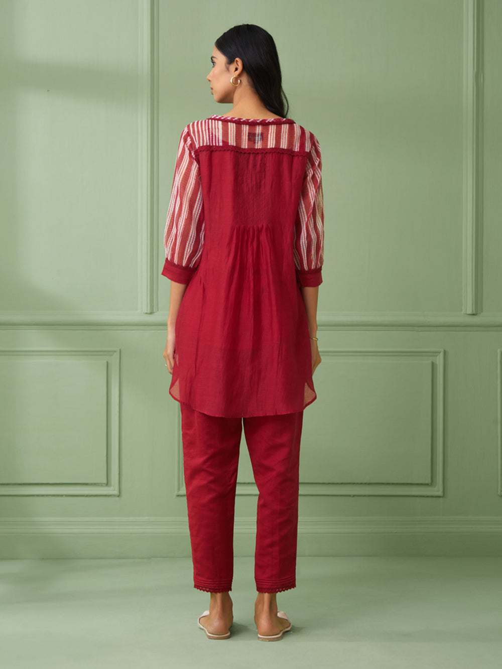 Red Stripe Cotton Shirt with Pants Set