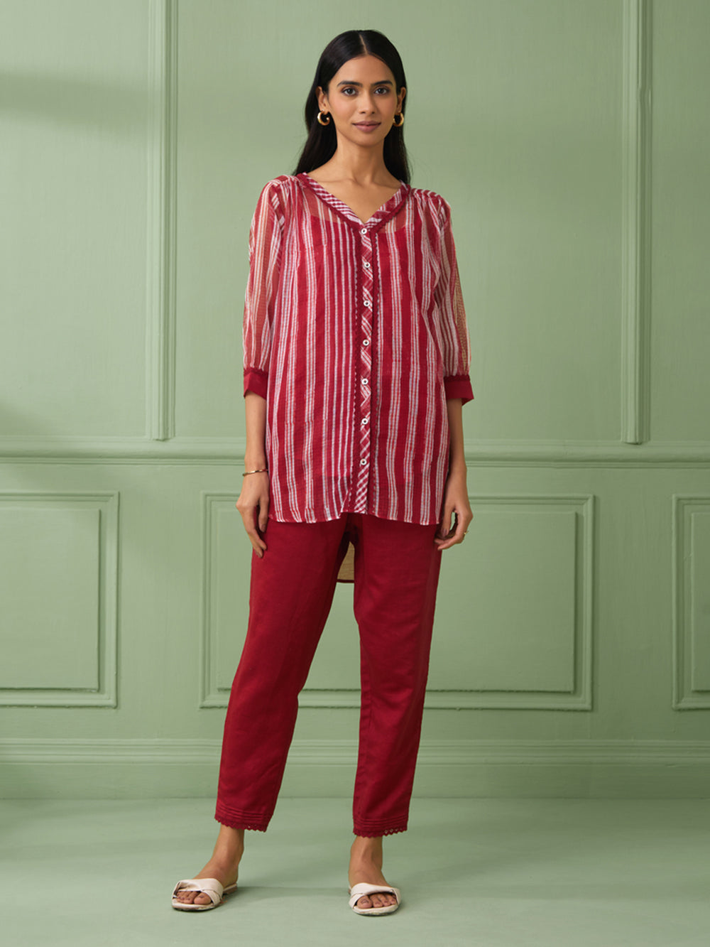 Red Stripe Cotton Shirt with Pants Set