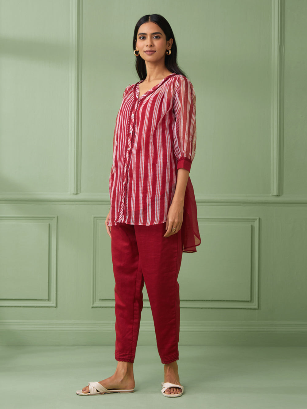 Red Stripe Cotton Shirt with Pants Set