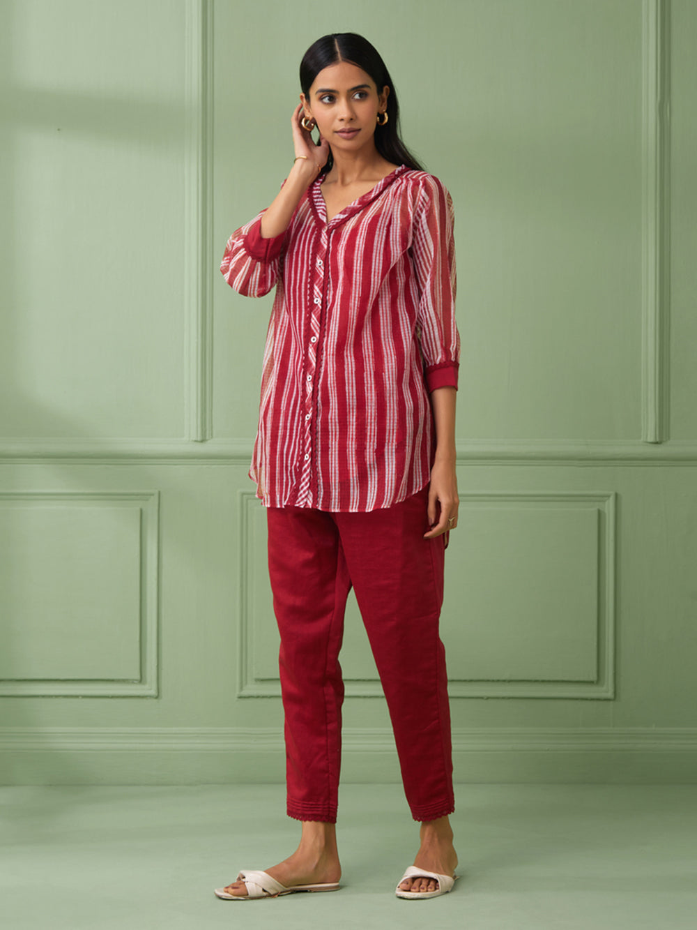 Red Stripe Cotton Shirt with Pants Set