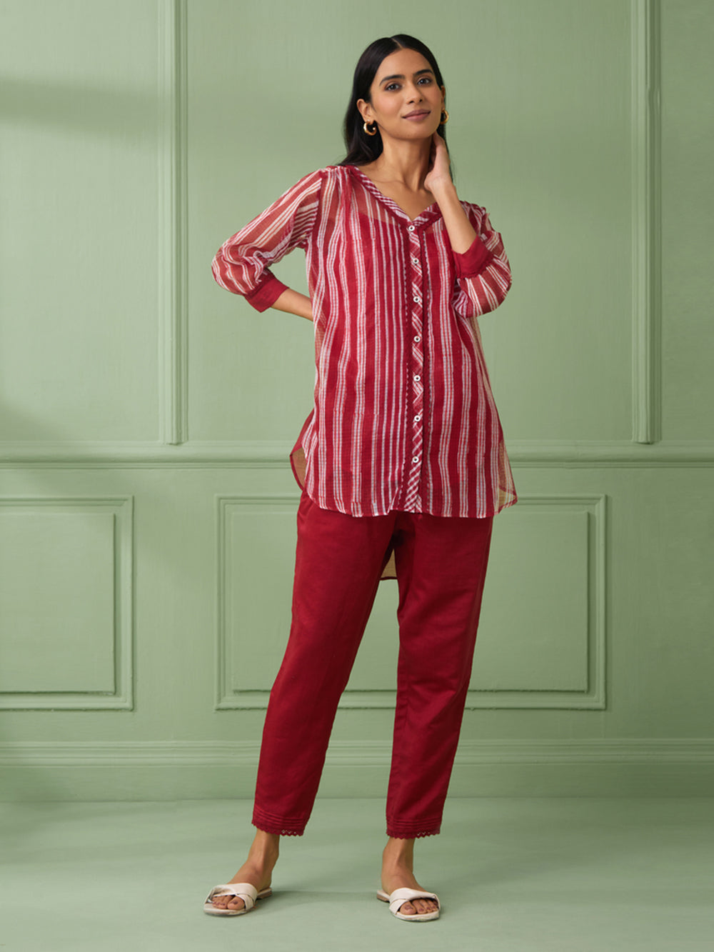 Red Stripe Cotton Shirt with Pants Set