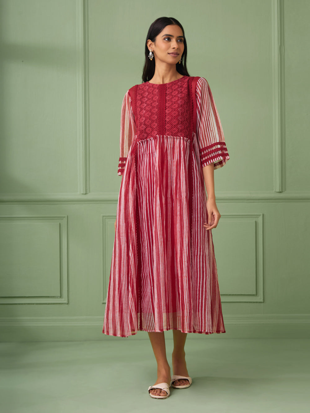 Red Stripe Cotton Silk Maxi Dress