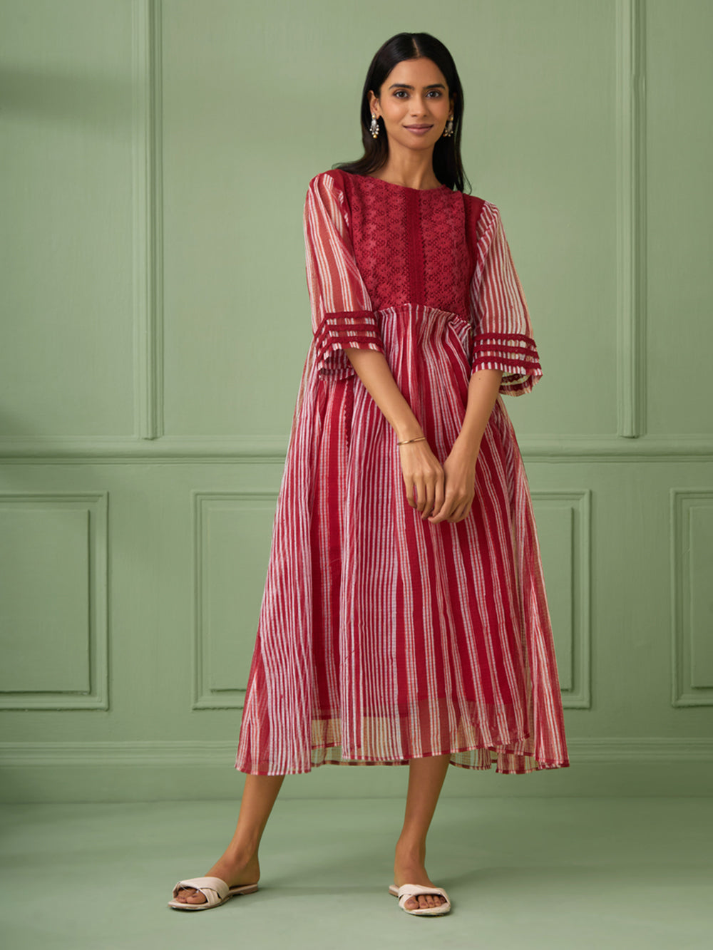 Red Stripe Cotton Silk Maxi Dress