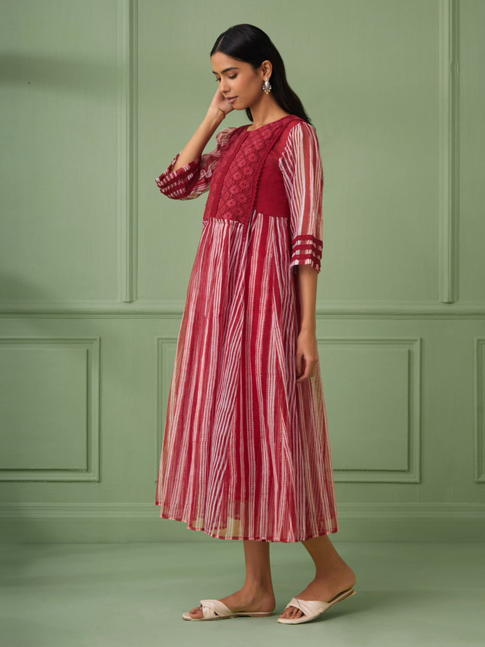 Red Stripe Cotton Silk Maxi Dress