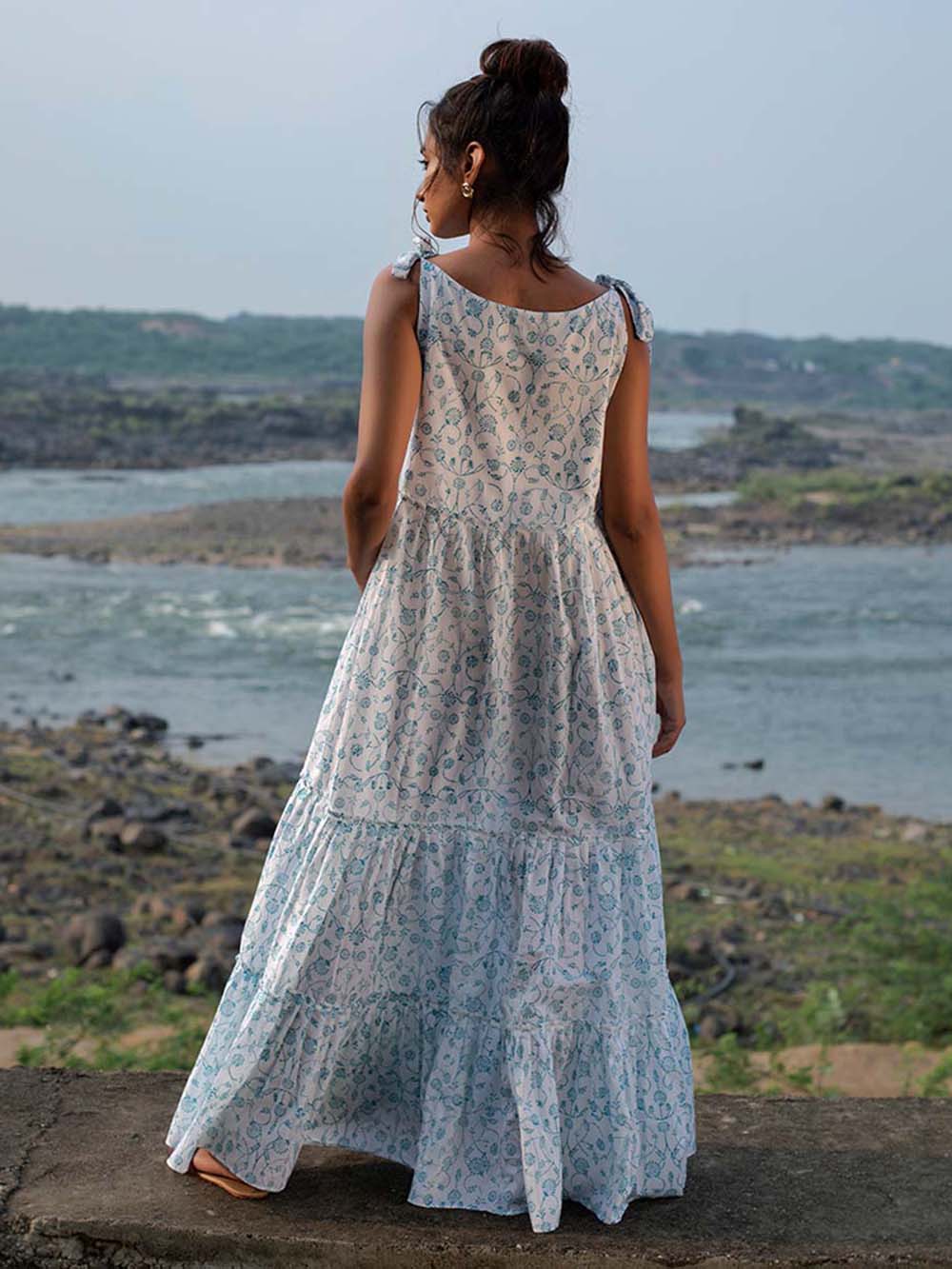 White Block Printed Cambric Tiered Dress