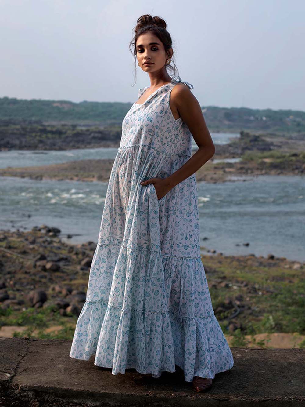 White Block Printed Cambric Tiered Dress