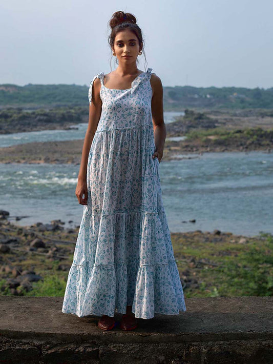 White Block Printed Cambric Tiered Dress