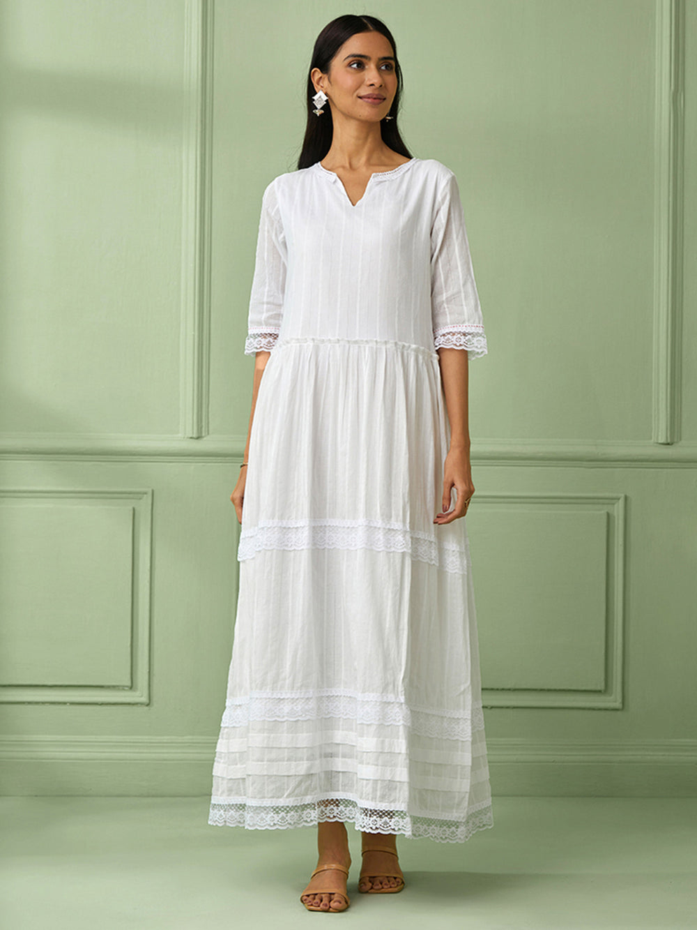 White Cotton Gathered Dress