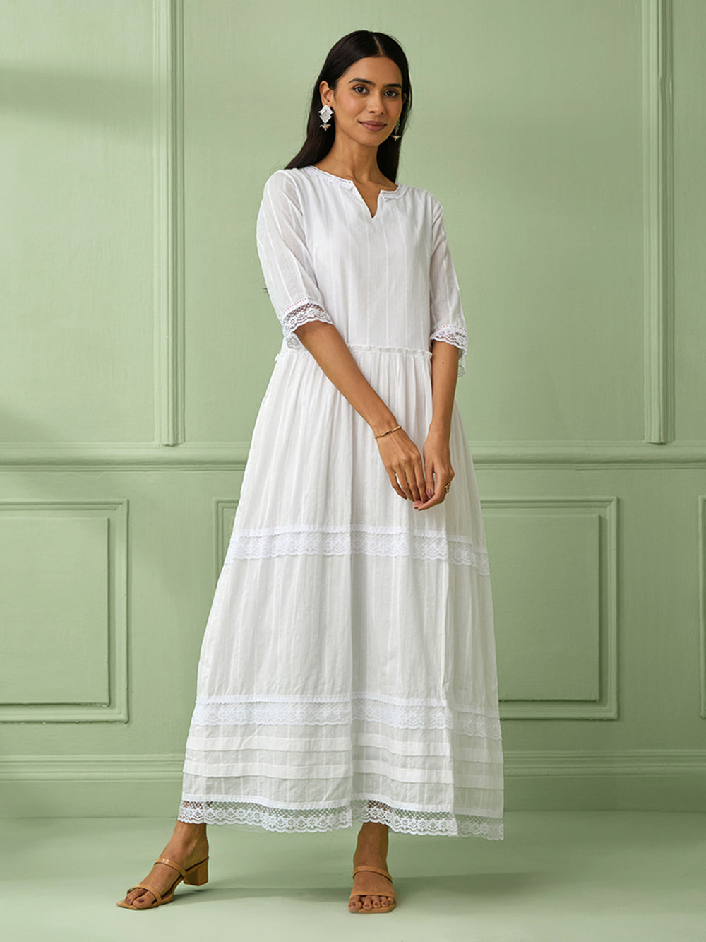 White Cotton Gathered Dress