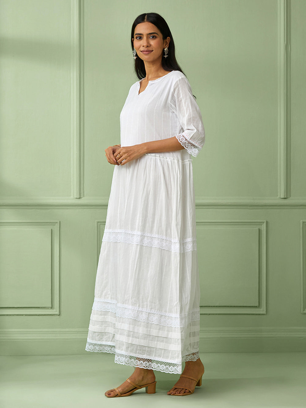 White Cotton Gathered Dress