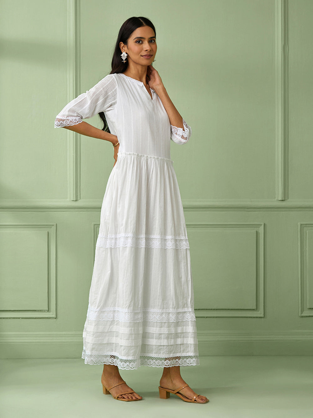 White Cotton Gathered Dress